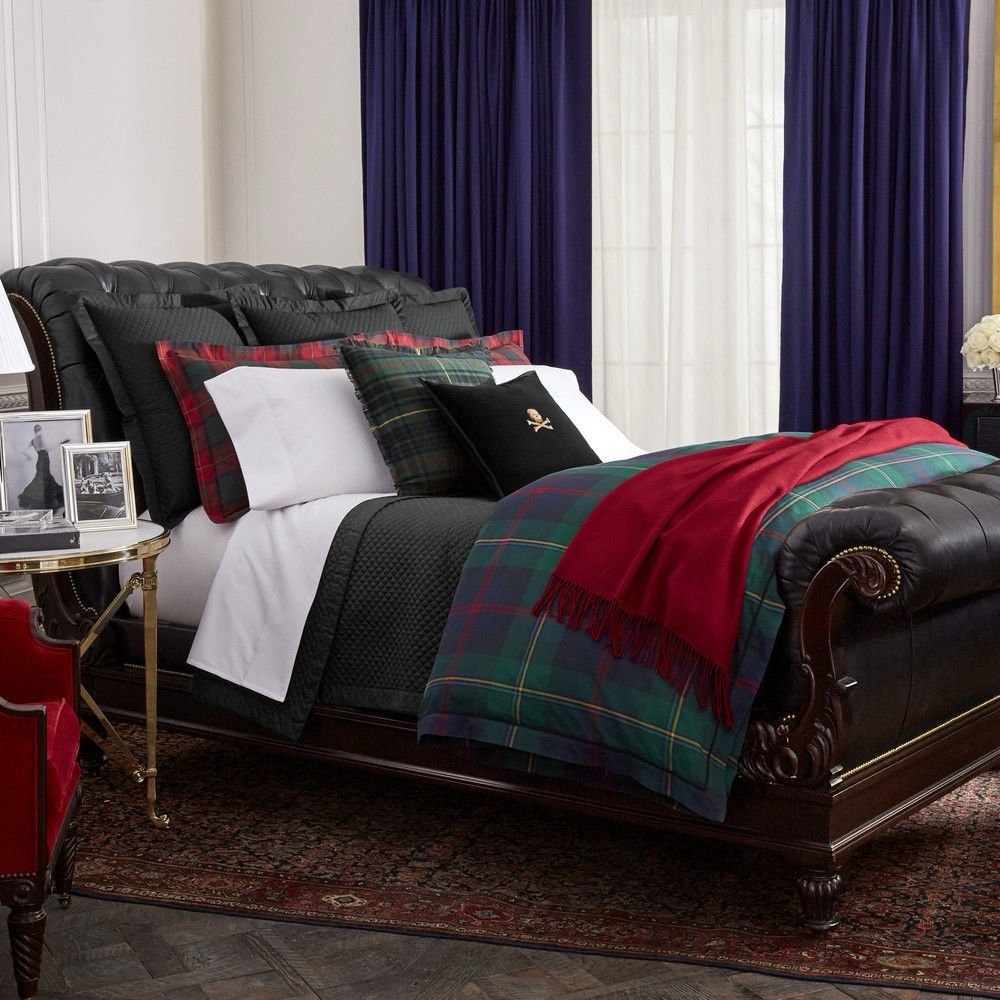 Ralph Lauren Black Quilted Duvet Cover with Red and Green Plaid Accents